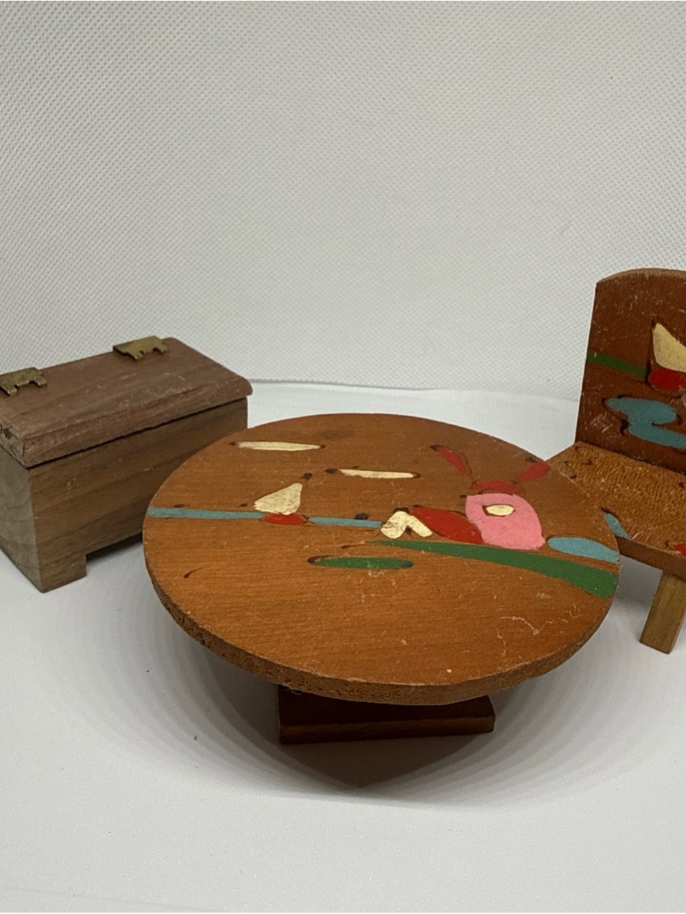 Miniature Wooden Round Accent Table with Painted Bird Motif - dollhouse furn.